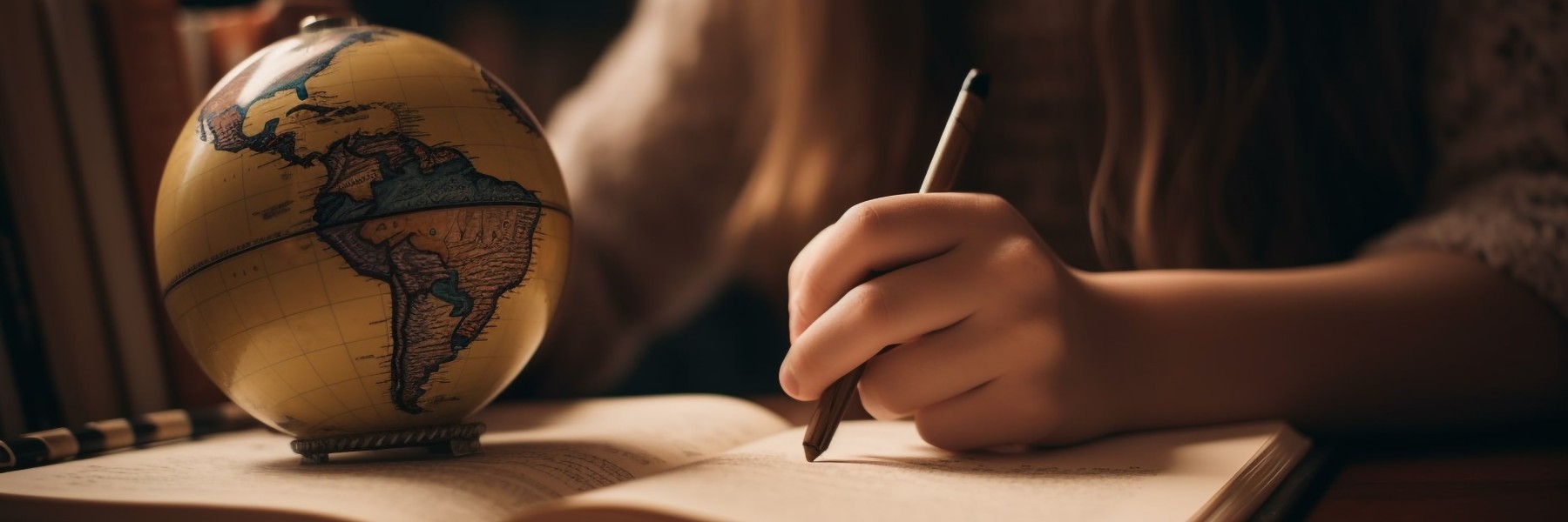 Dłoń pisząca piórem w zeszycie, globus przytrzymujący zeszyt