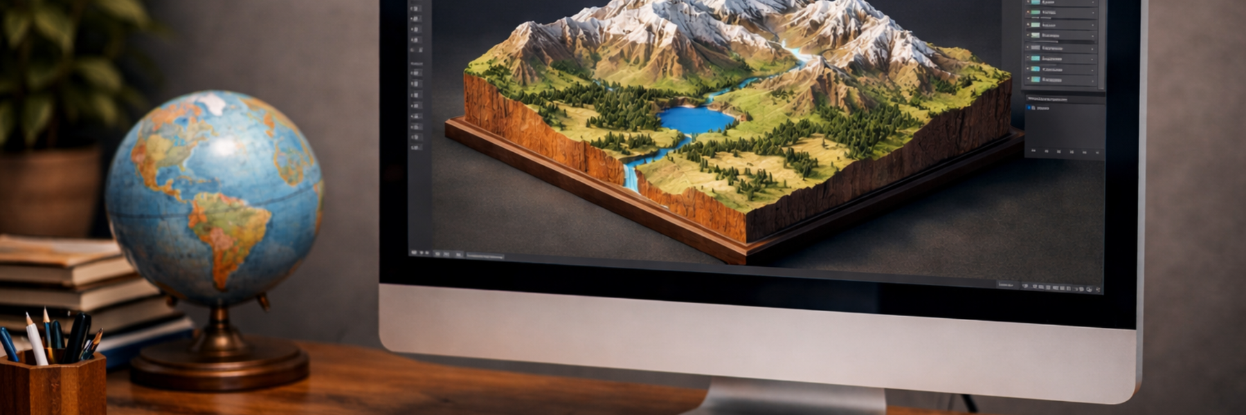 Dłoń pisząca piórem w zeszycie, globus przytrzymujący zeszyt